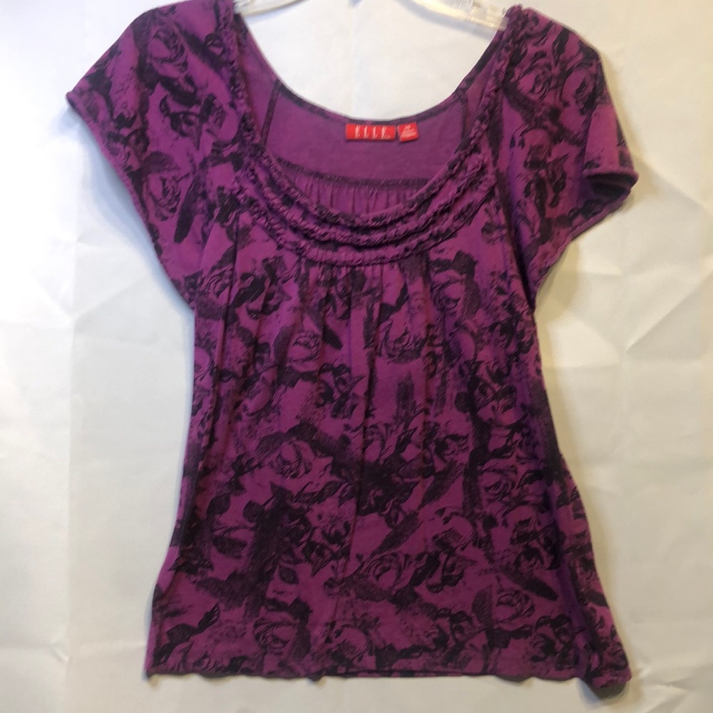 Elle Purple/Black Floral Top, Size Xs